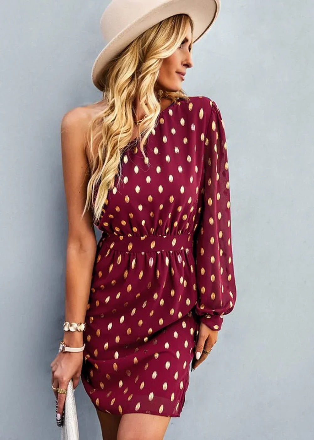Wine Red diagonal shoulder A-line dress