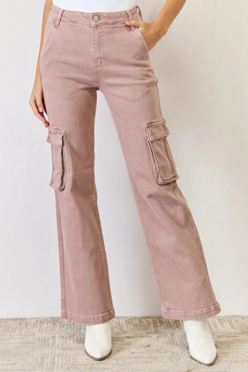 Mauve high rise cargo wide leg jeans