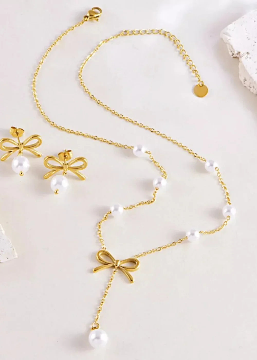 Gold plated bowknot pearl jewelry set with necklace and earrings