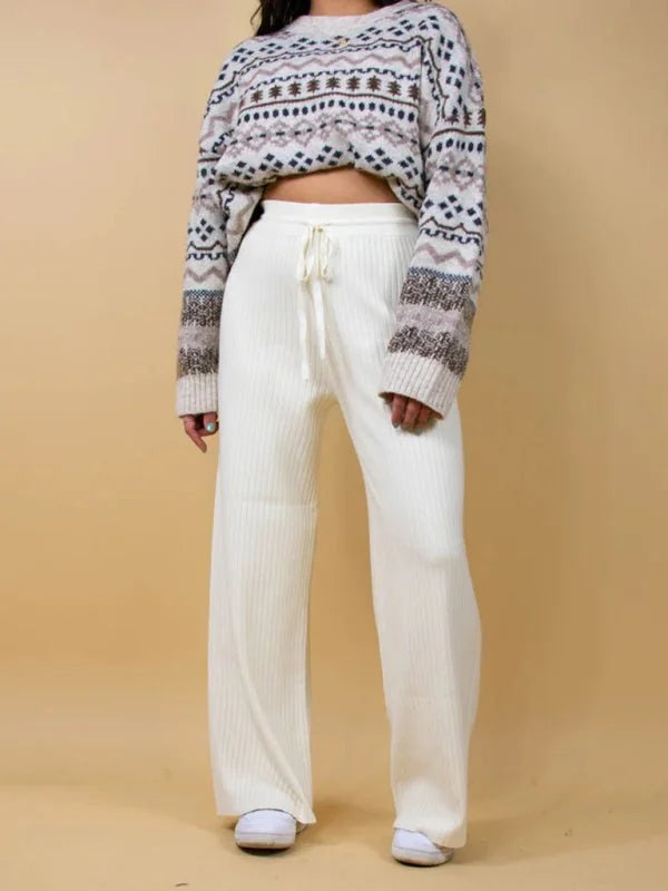 White casual drawstring straight-leg trousers