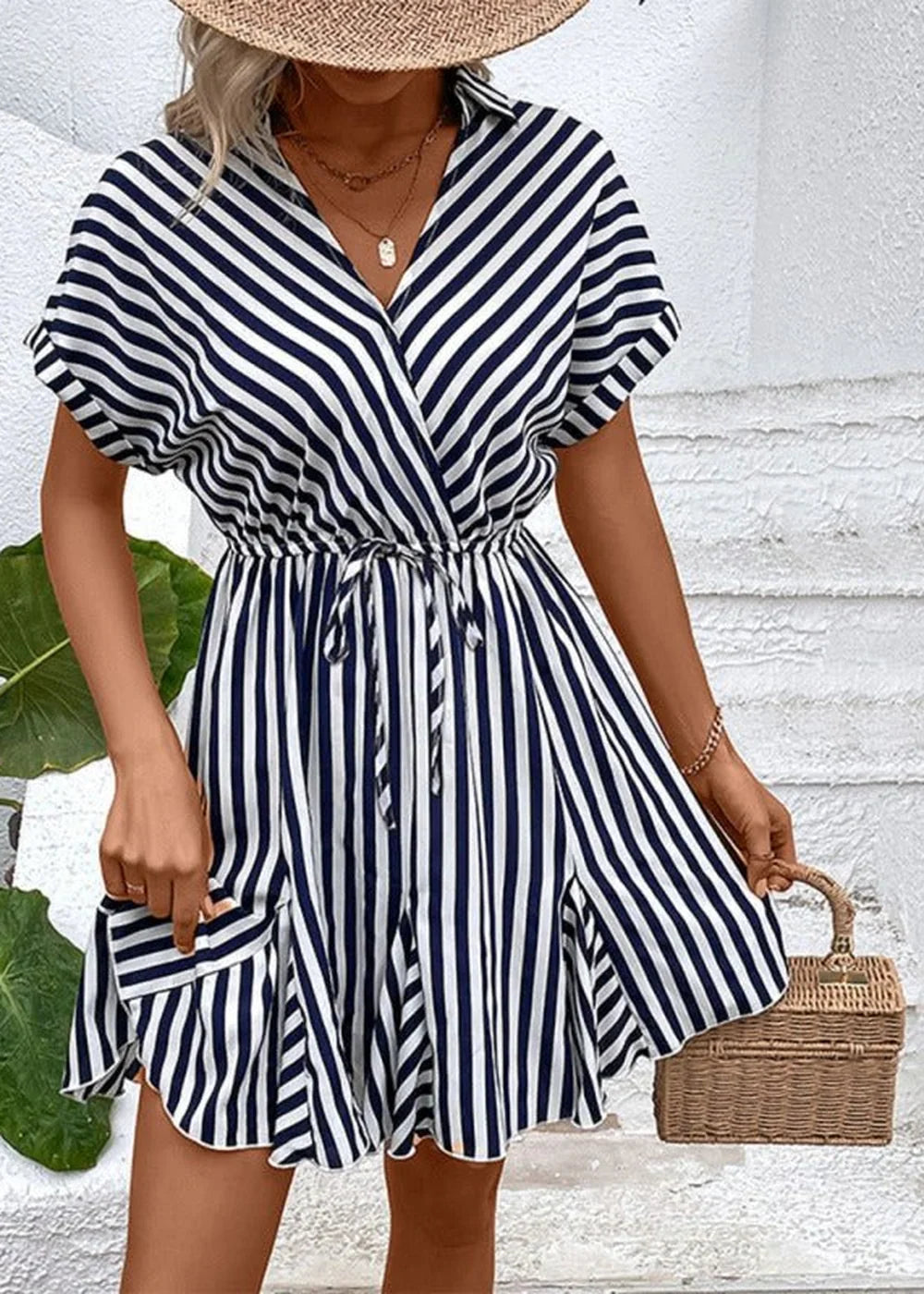 Striped lapel shirt dress with tie belt