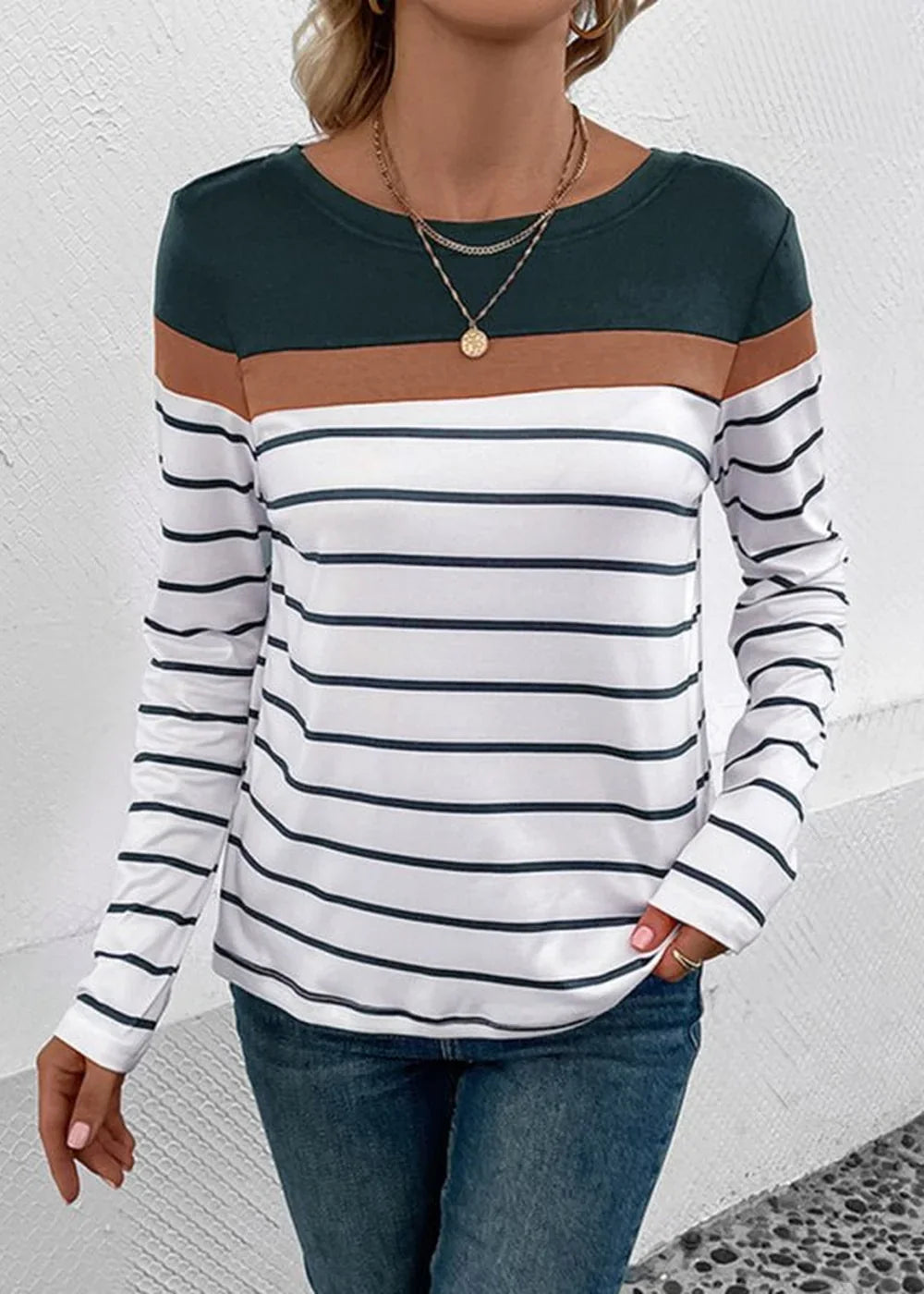 Green and black striped long sleeve casual sweater