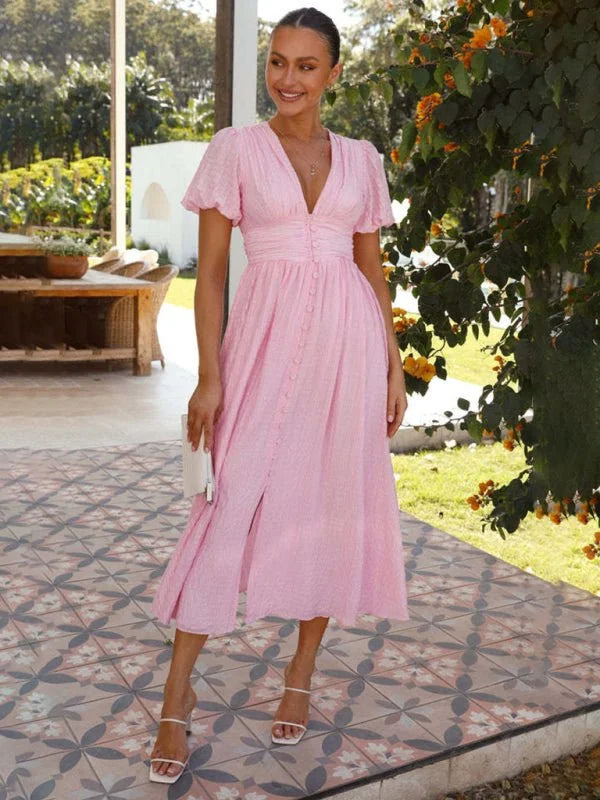 Pink Women's V-Neck Puff Sleeve Waist Dress