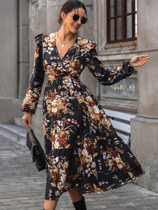 Black floral print ruffle belt dress