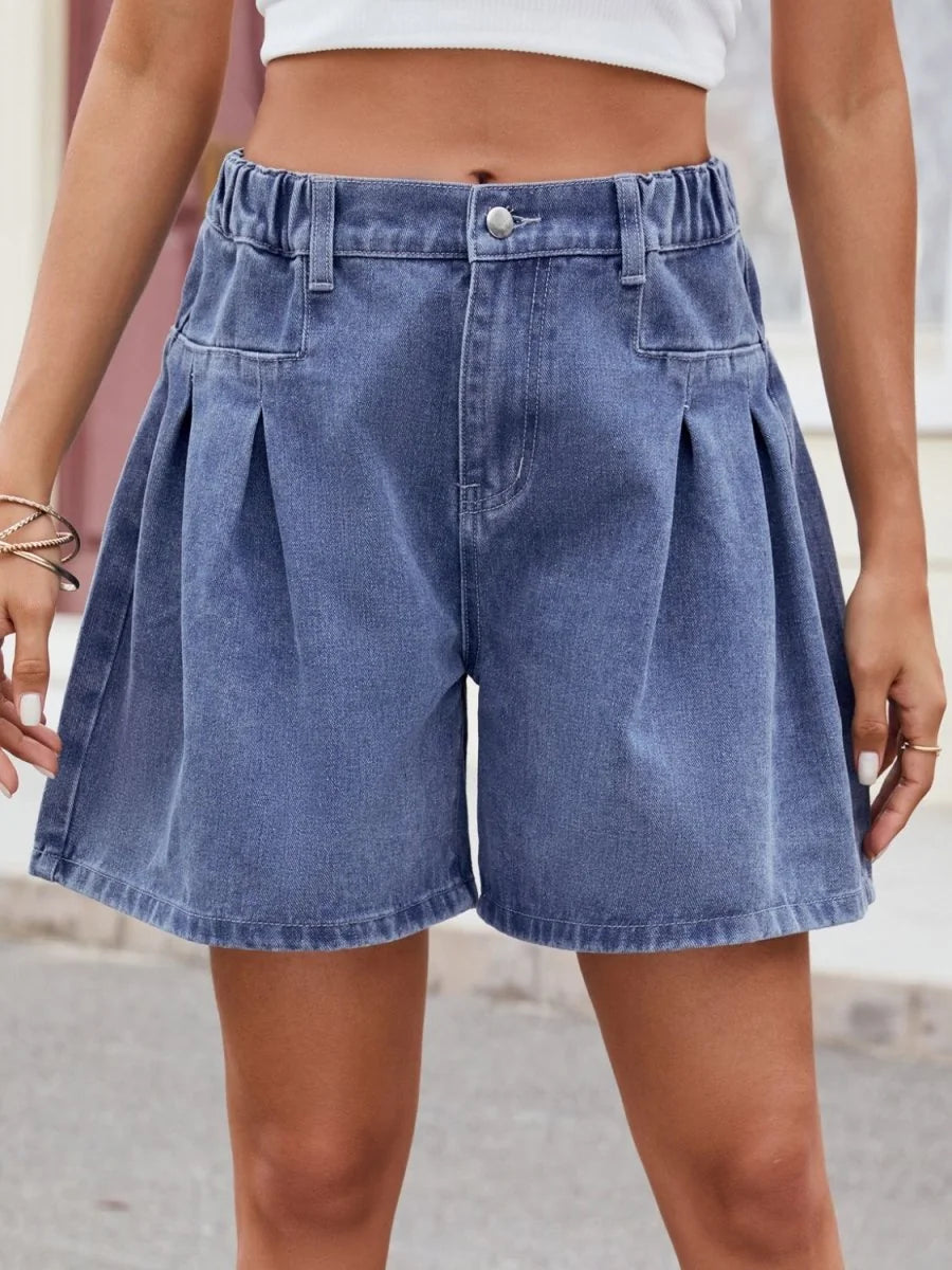 Dusty blue denim shorts with ruched waist and tie belt