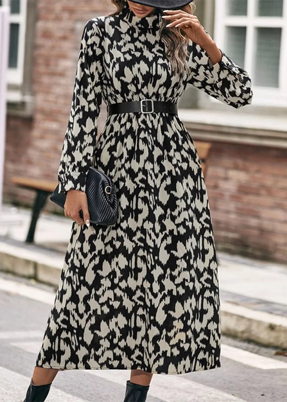 Black leopard print long sleeve dress