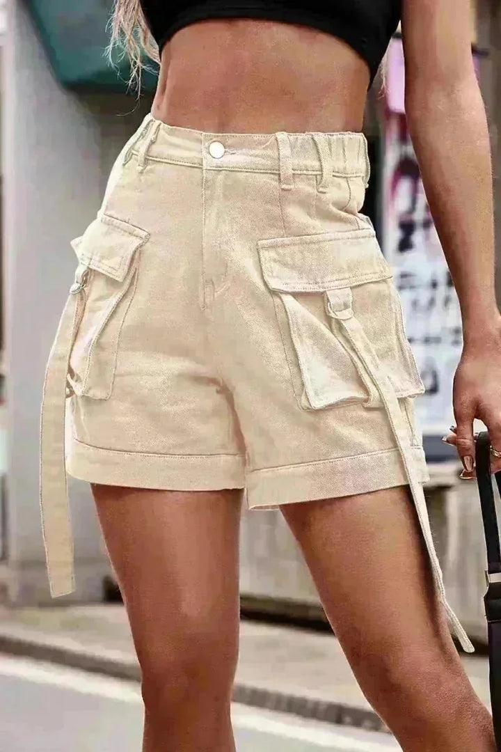 High waist denim cargo shorts in Sand color