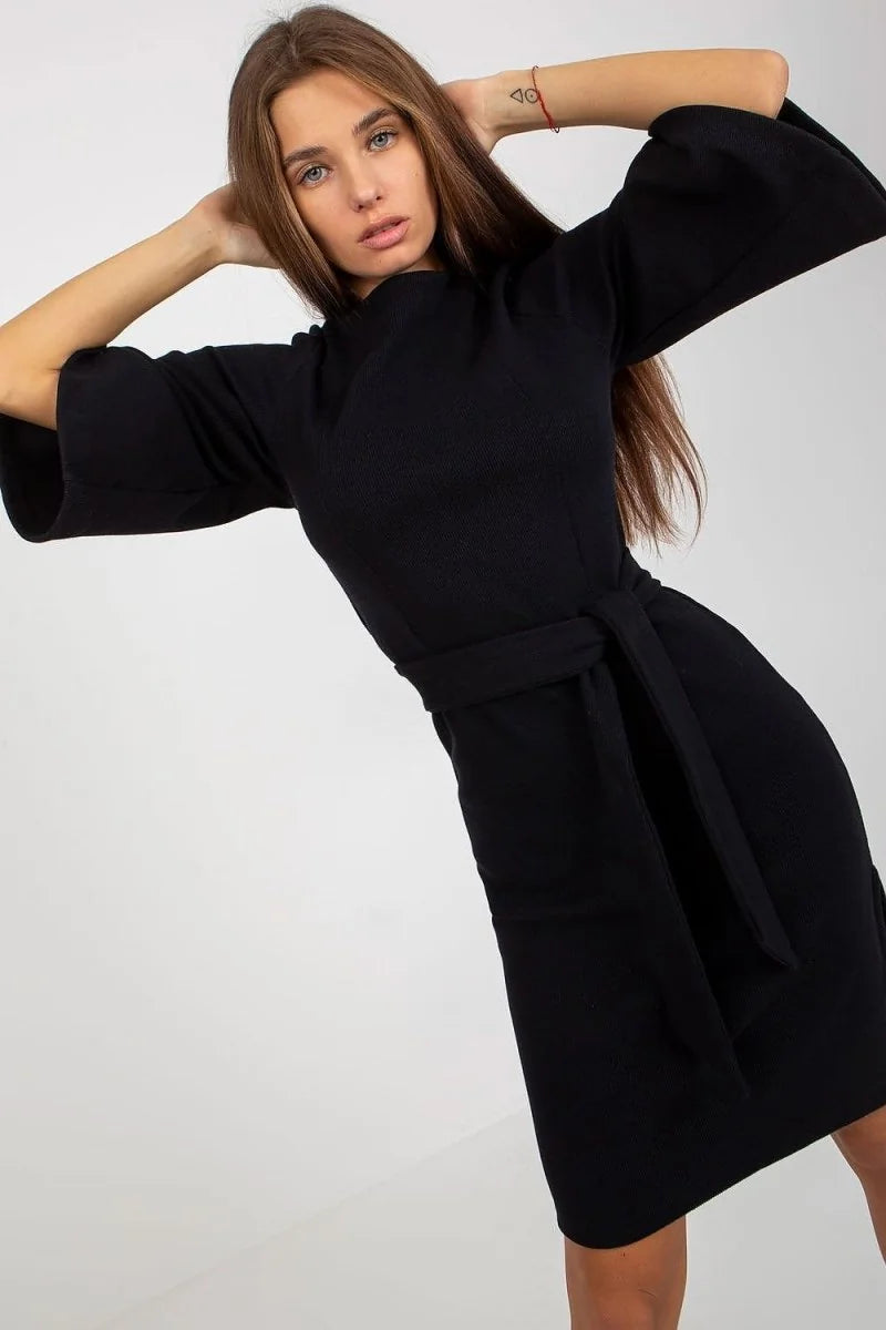 Black ribbed pencil dress with 3/4 sleeves