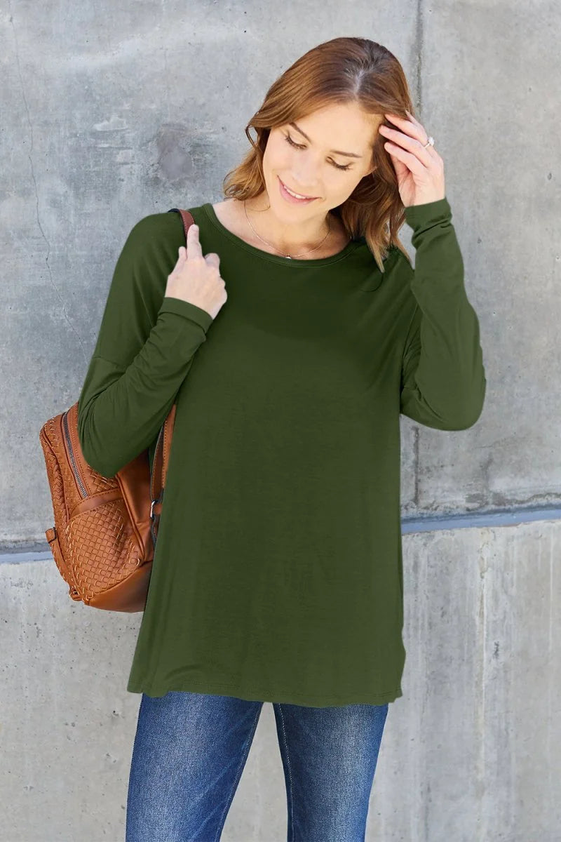 Army Green Round Neck Dropped Shoulder T-Shirt