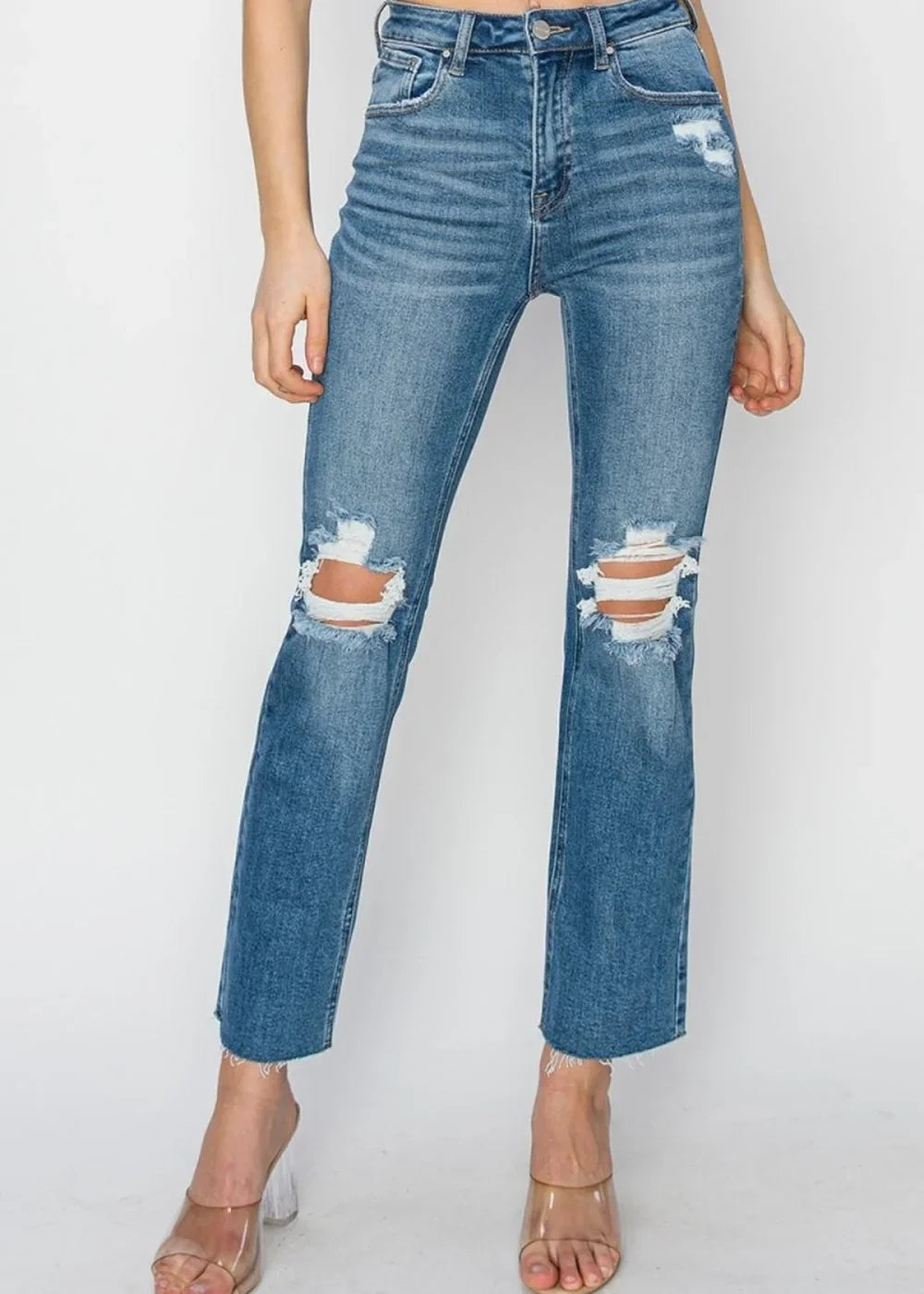 Medium wash high rise distressed ankle jeans