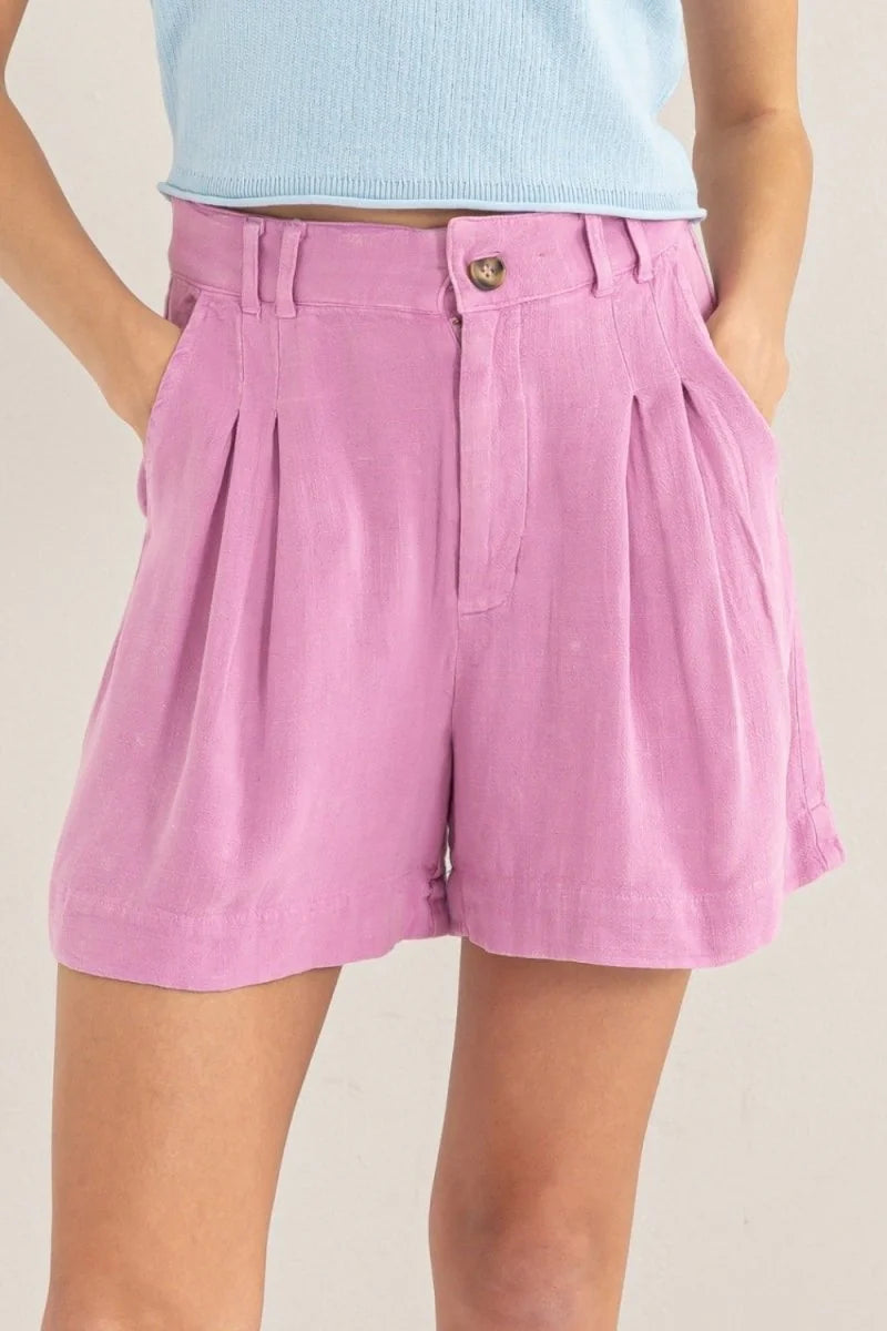 Pink high waist pleated linen shorts