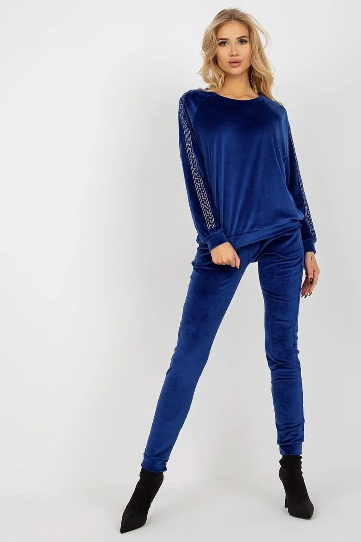 Blue velour set with rhinestone embellished top and matching pants