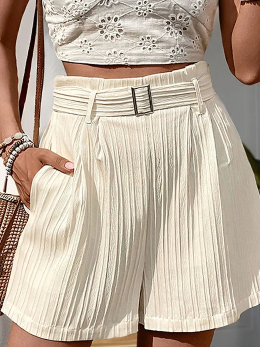 Beige textured high waist shorts with pockets
