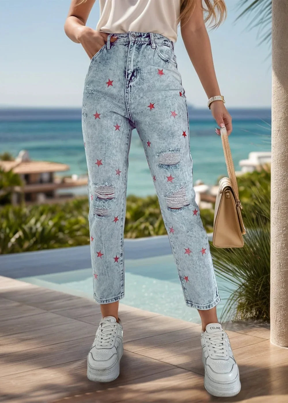 Light wash distressed star jeans