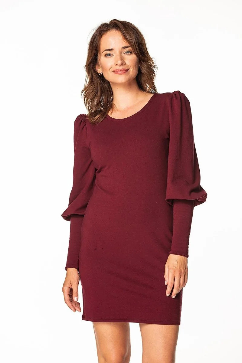Red knitted mini dress with boat neckline
