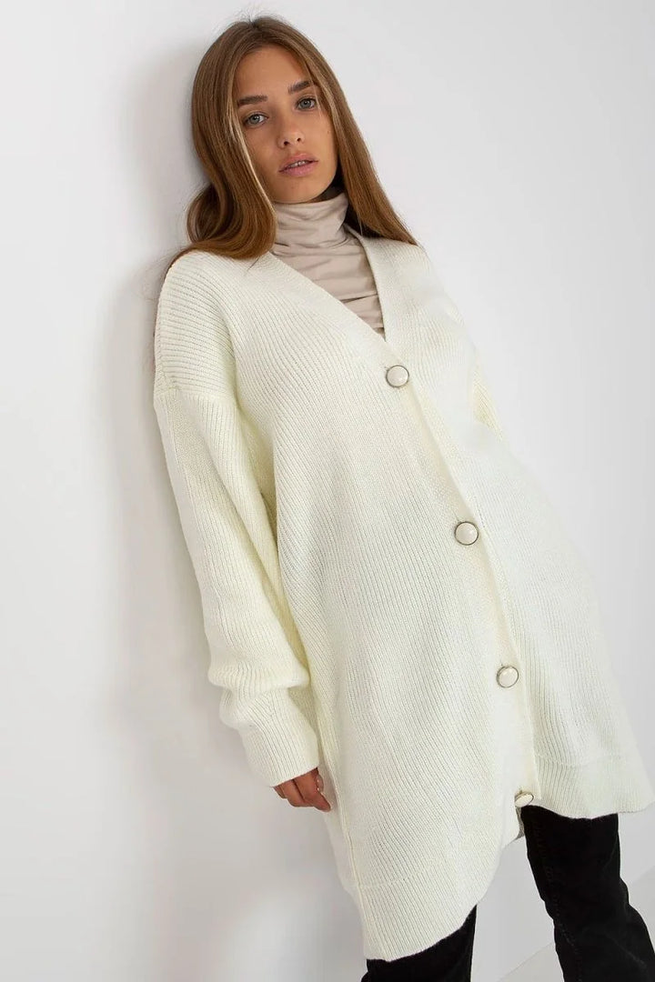Beige long cardigan with button closure