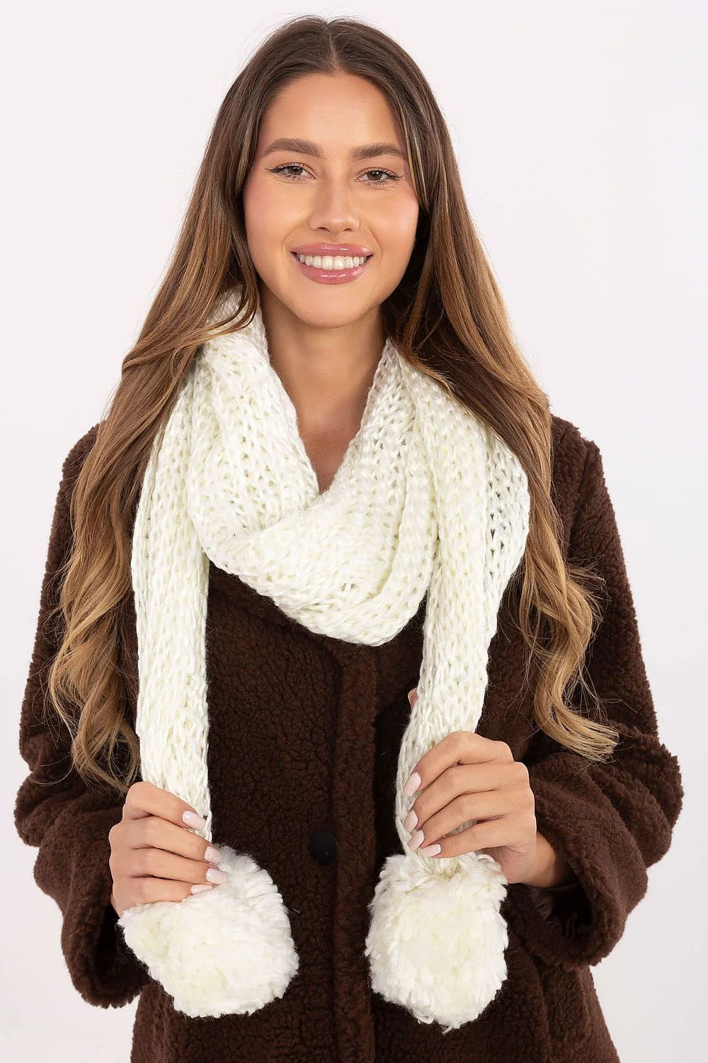 Beige acrylic scarf with pompons