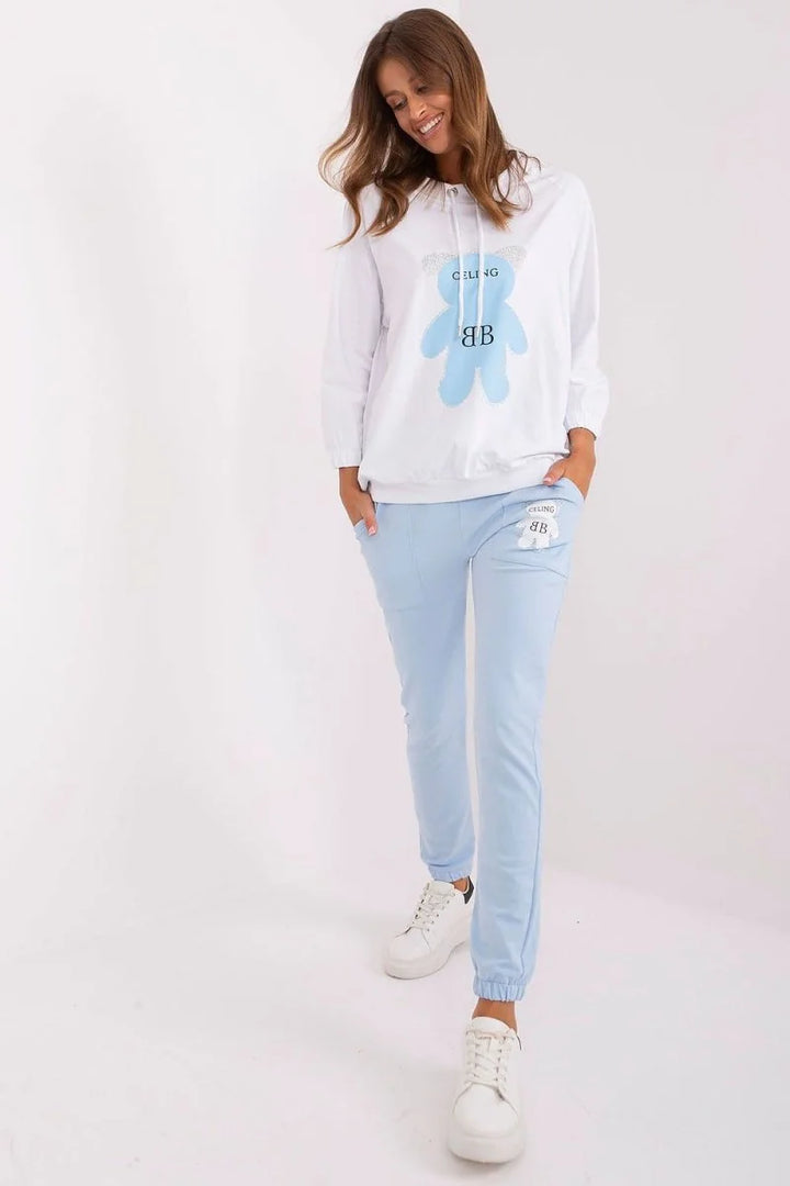 Blue cotton blend sweatshirt and pants set with teddy bear print
