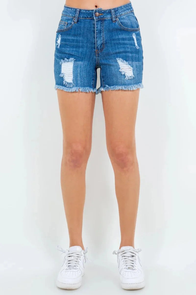 Blue distressed denim shorts with frayed hem and a regular fit.