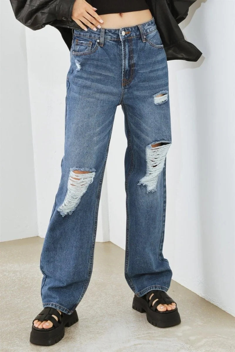 Medium blue distressed high waist jeans