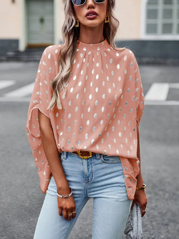 Pink long sleeve blouse with golden polka dots