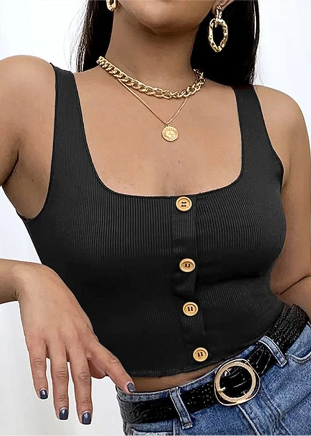 Black women's knit square neck tank top