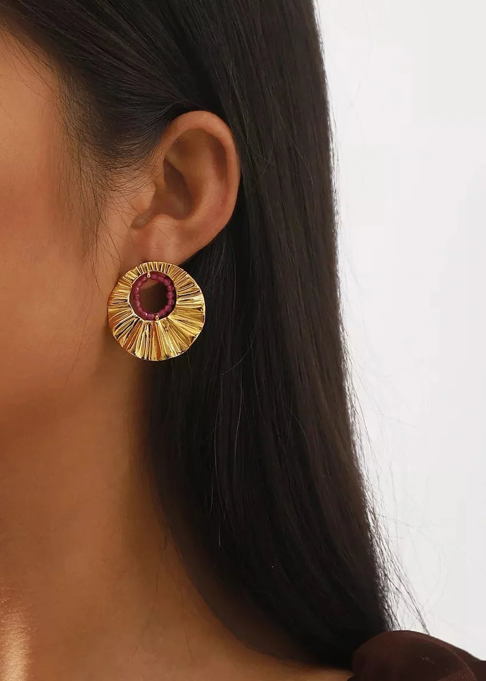 Pink 18K gold-plated bead round earrings