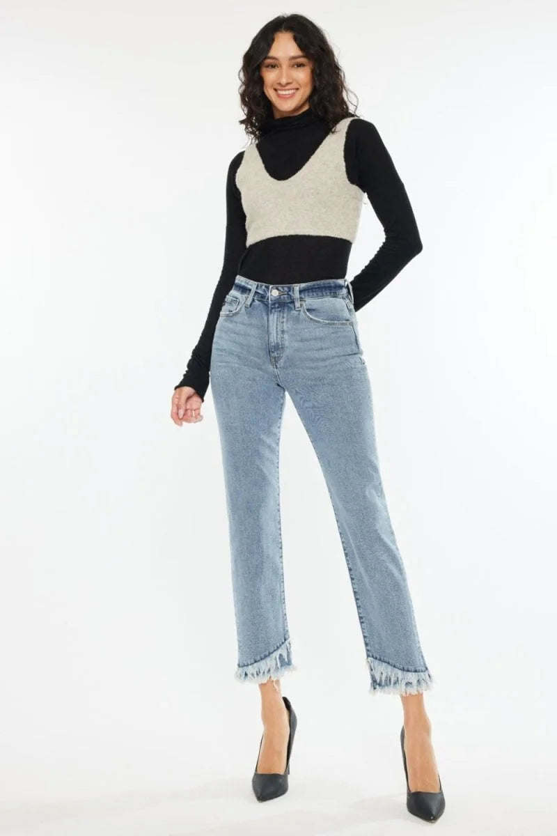Medium wash high rise straight leg jeans with raw hem