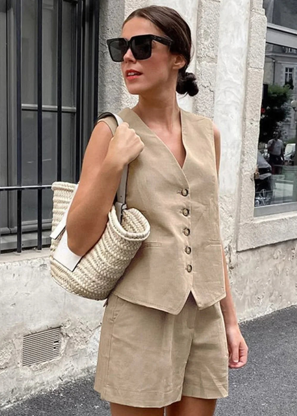 Women's khaki V-neck sleeveless vest and shorts suit