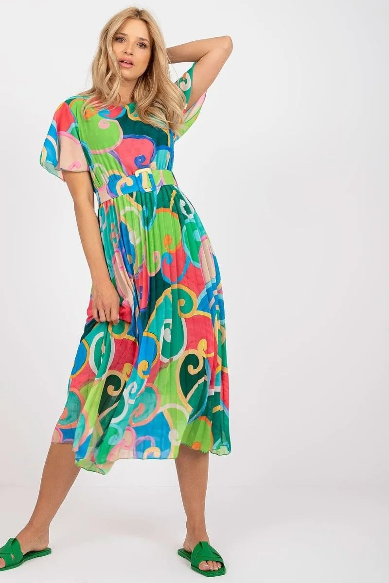 Green flared day dress with belt