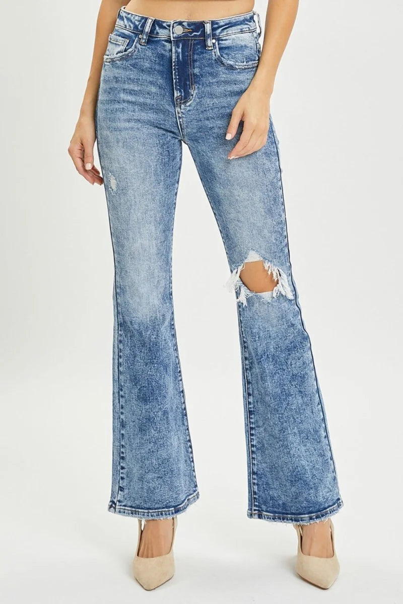 High rise distressed flare jeans