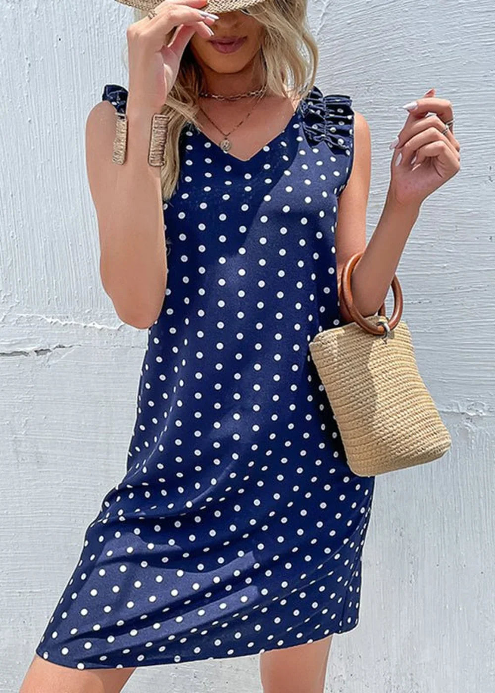 Blue polka dot sleeveless maxi dress