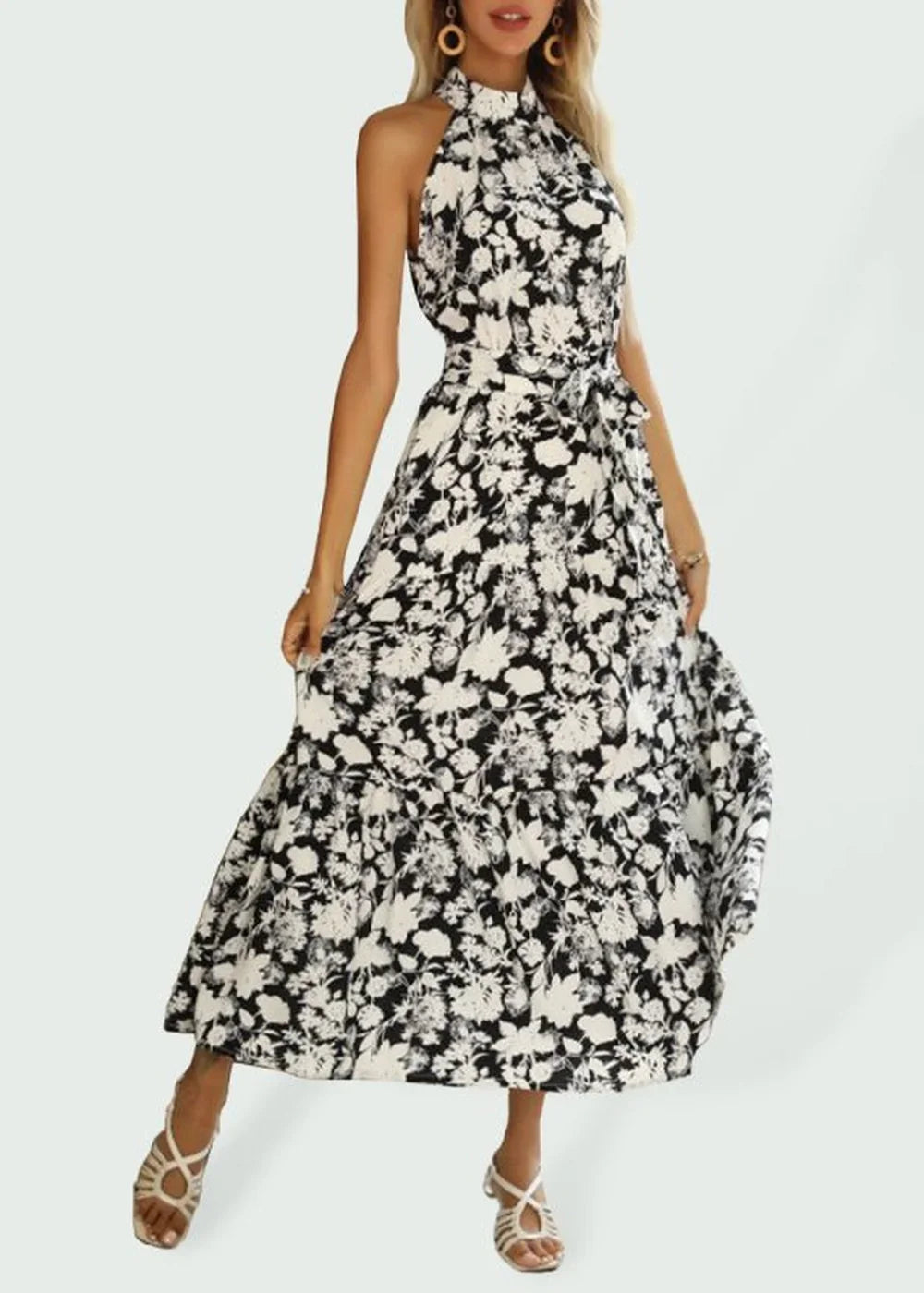 Black halter neck slit print maxi dress