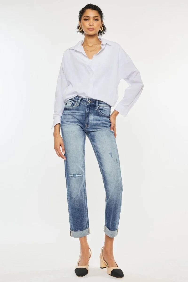 Medium wash Kancan high rise cuffed straight jeans