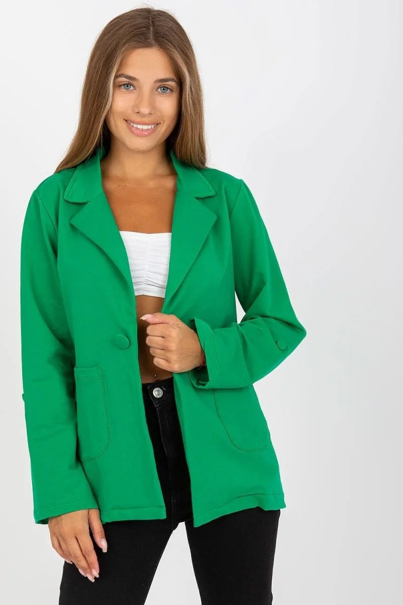 Green long sleeve sweat jacket with button closure