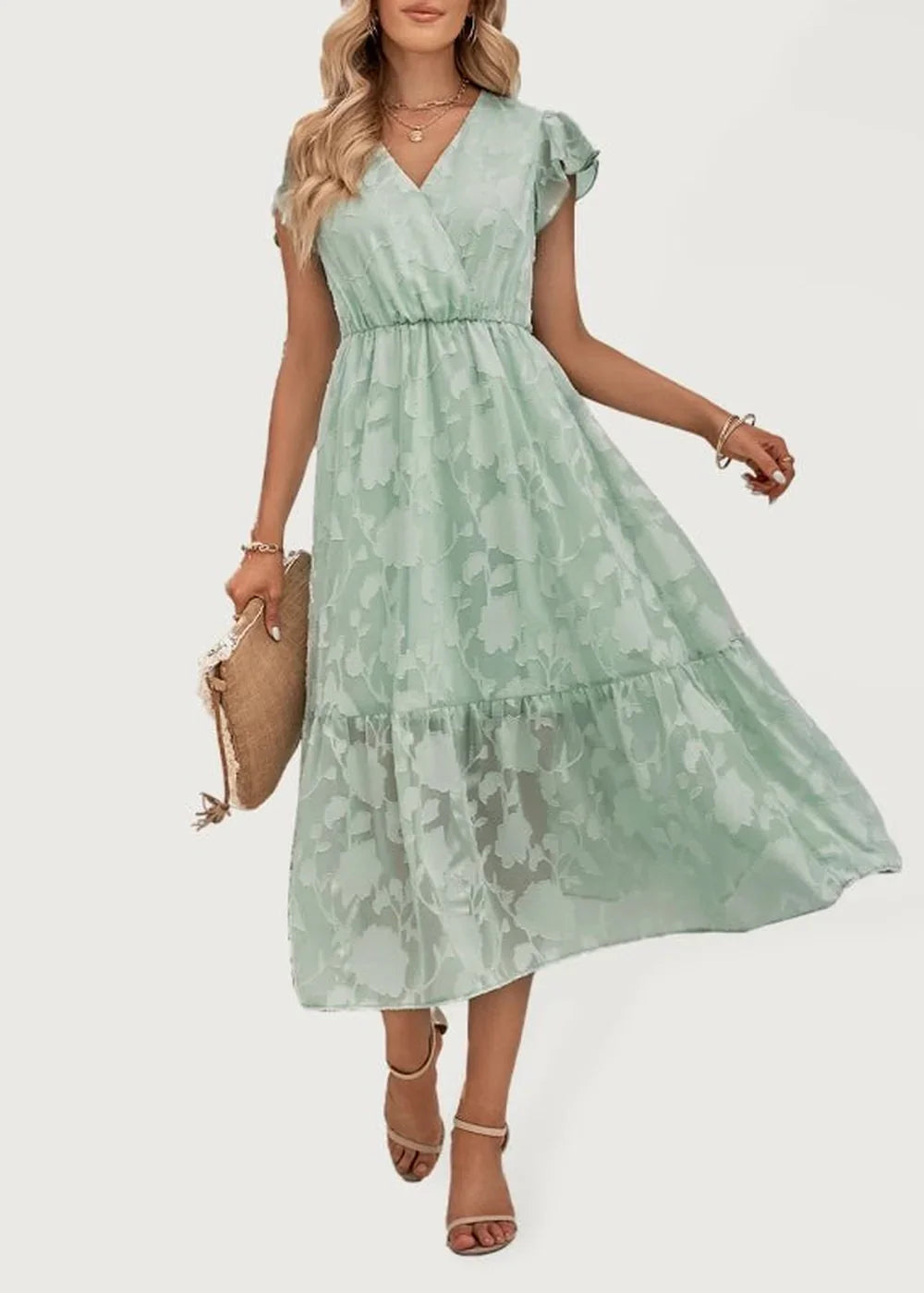 Green V-neck floral sleeveless maxi dress