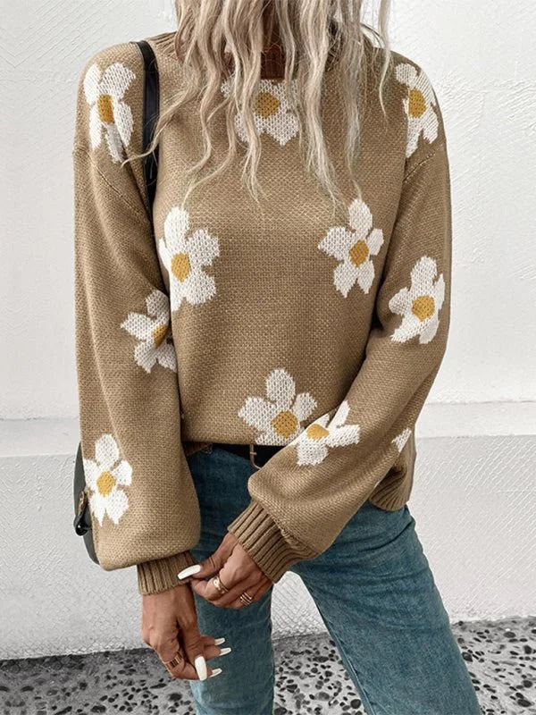 Khaki women's long sleeve jacquard floral knit sweater