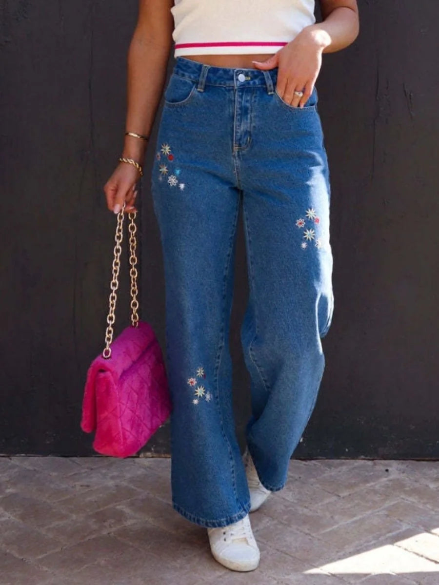 Navy embroidered straight leg jeans
