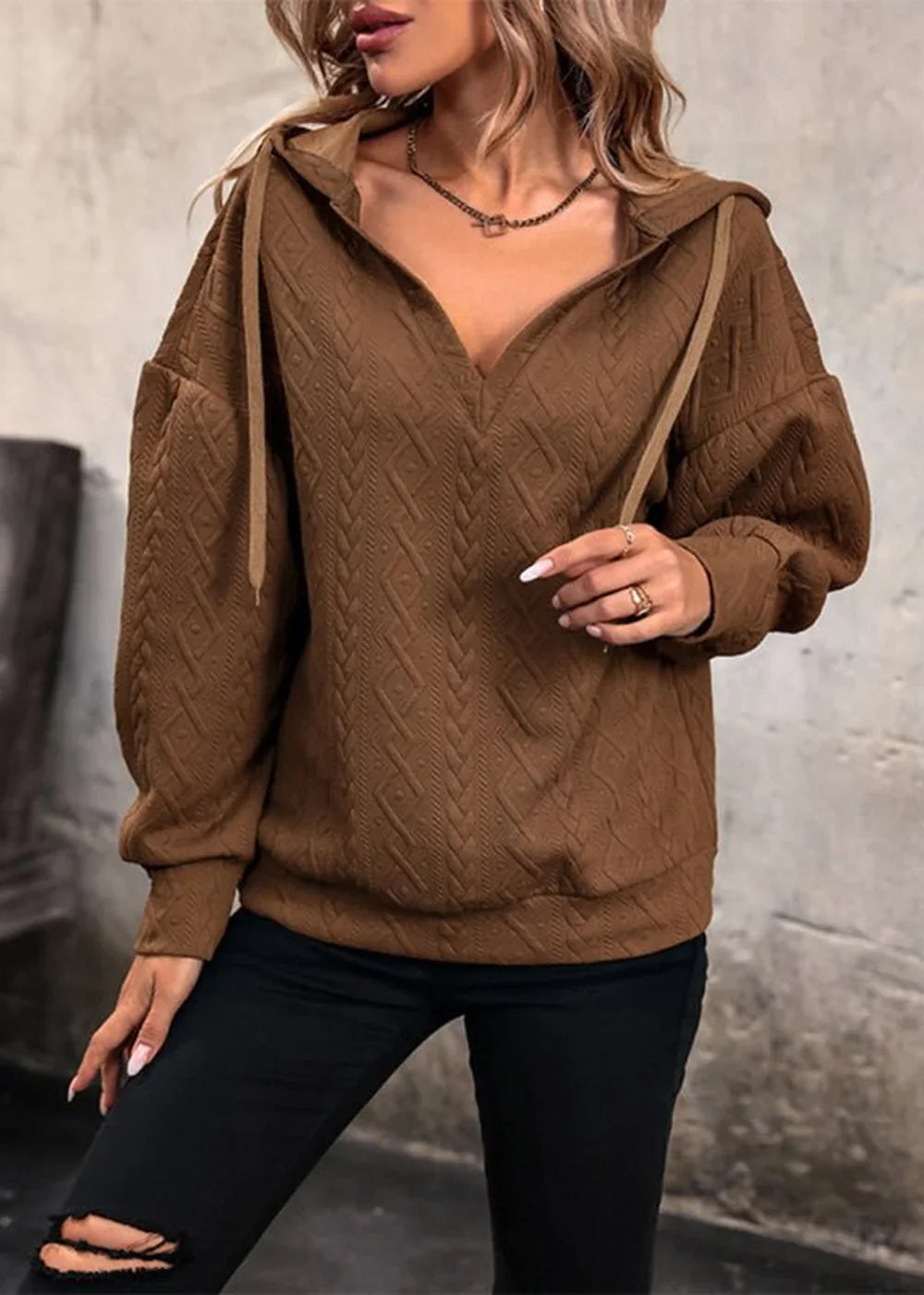 Coffee solid color knitted long hooded sweatshirt
