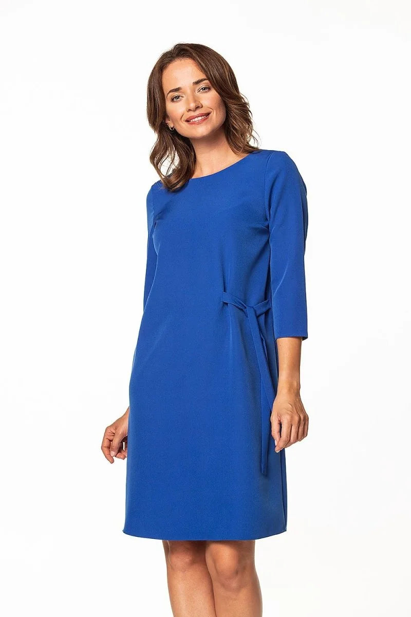 Blue midi dress with tie waist and 3/4 sleeves