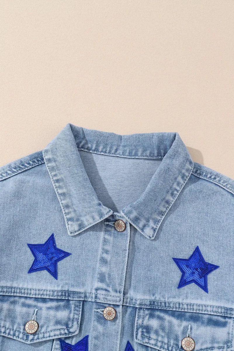 Medium wash geometric collared neck denim jacket with pockets