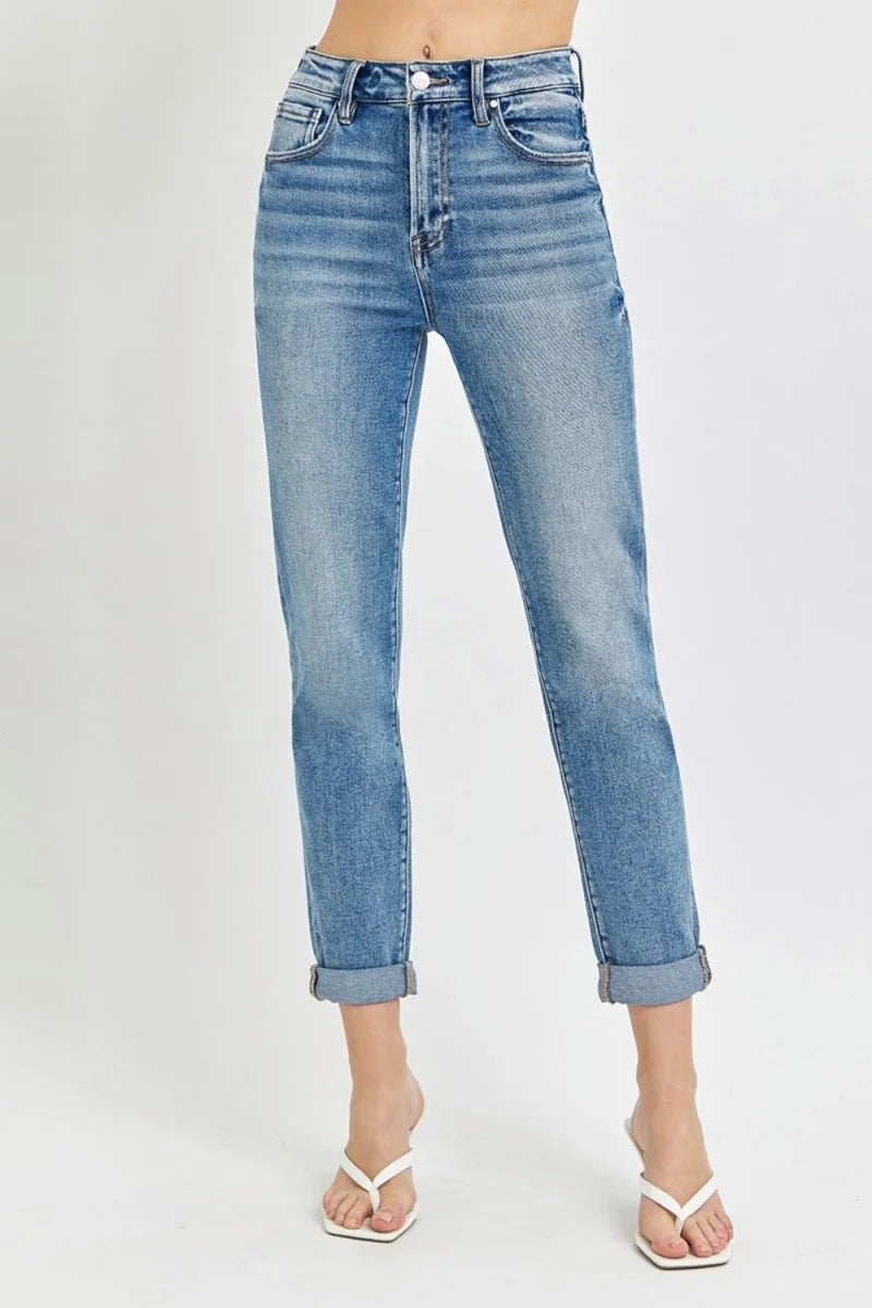 Medium wash high rise cropped jeans with rolled cuffs