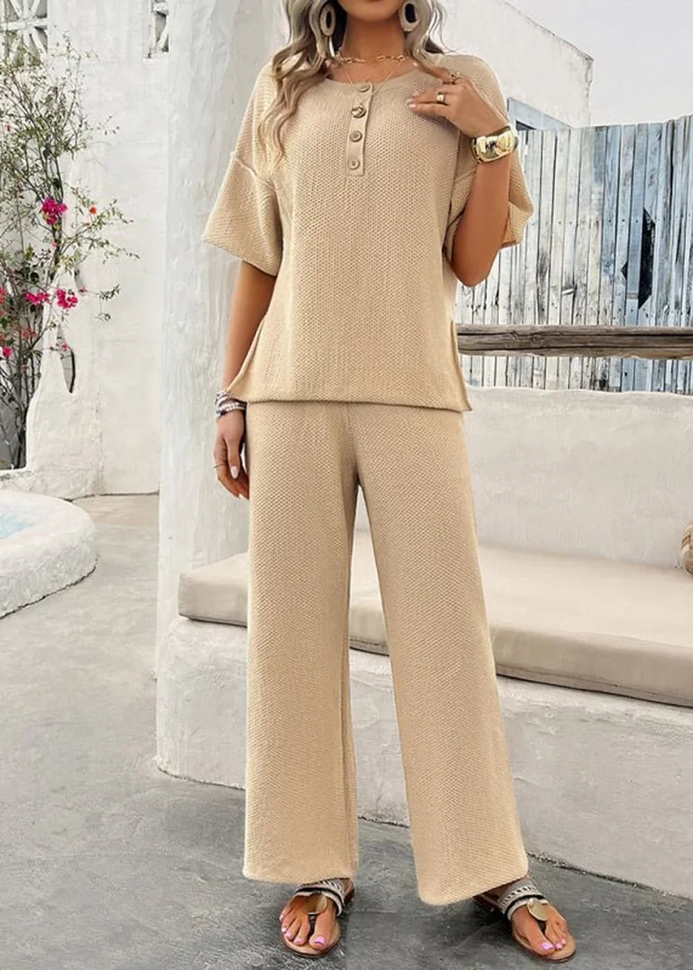 Knit short sleeve top and trousers set in cracker khaki.