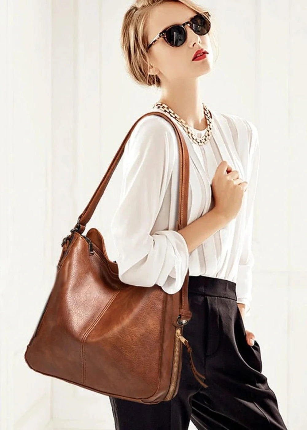 Brown PU shoulder tote messenger bag