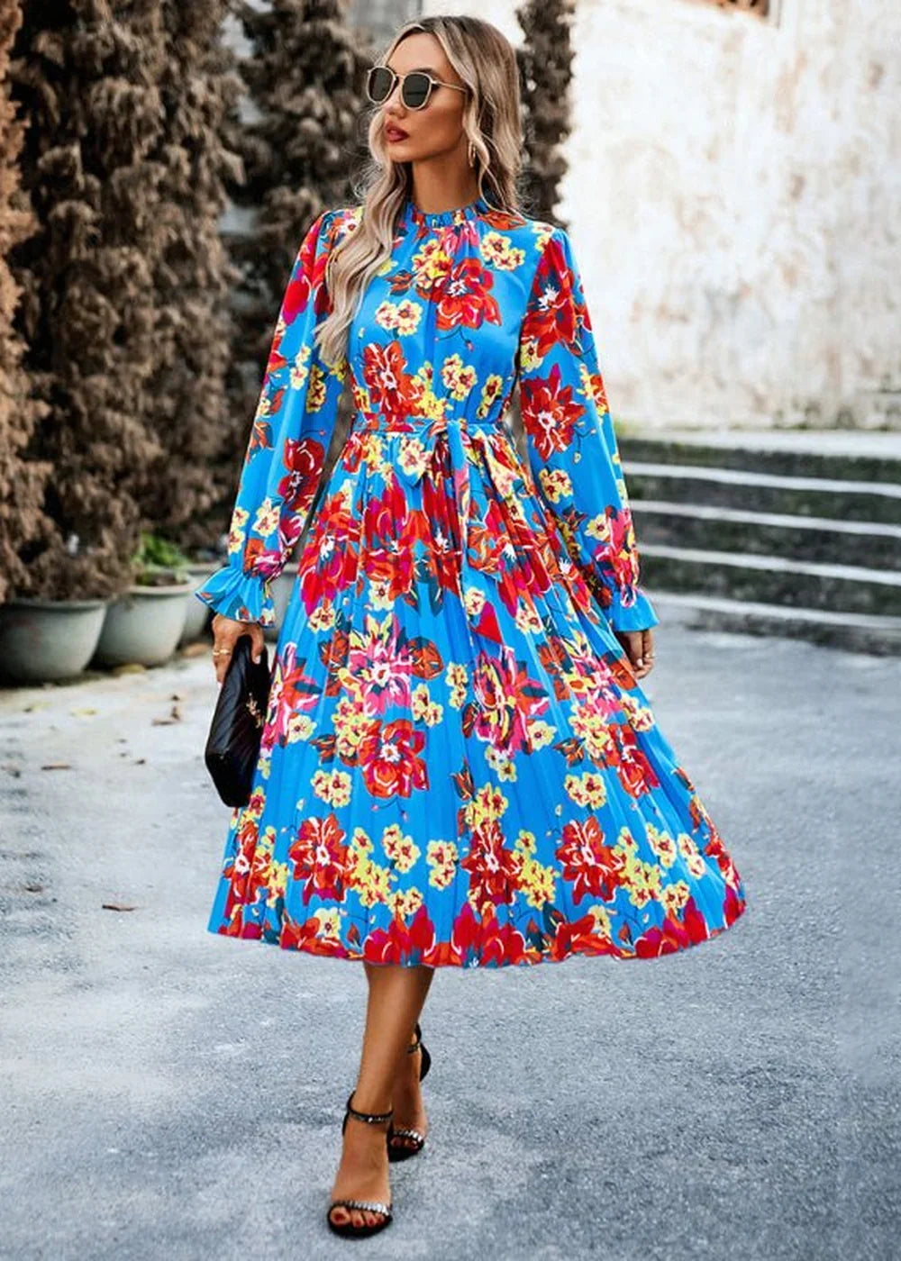 Green printed casual dress with a tie belt