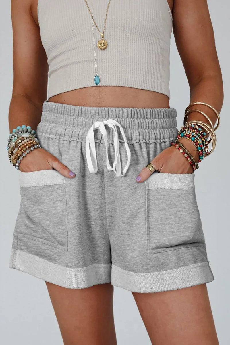Gray drawstring high waist shorts with pockets