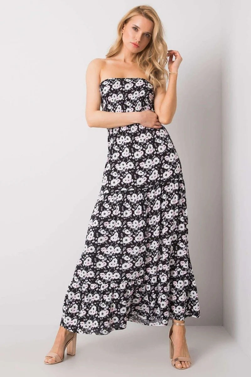 Black strapless summer dress with ruffle hem