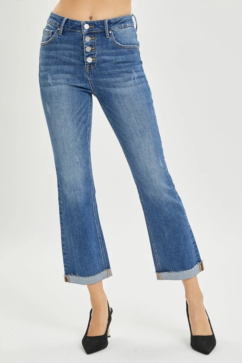 Dark cropped bootcut jeans with button fly
