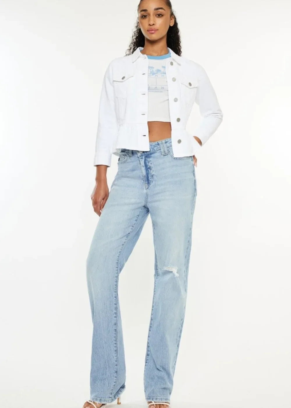 Light wash distressed high waist straight leg jeans