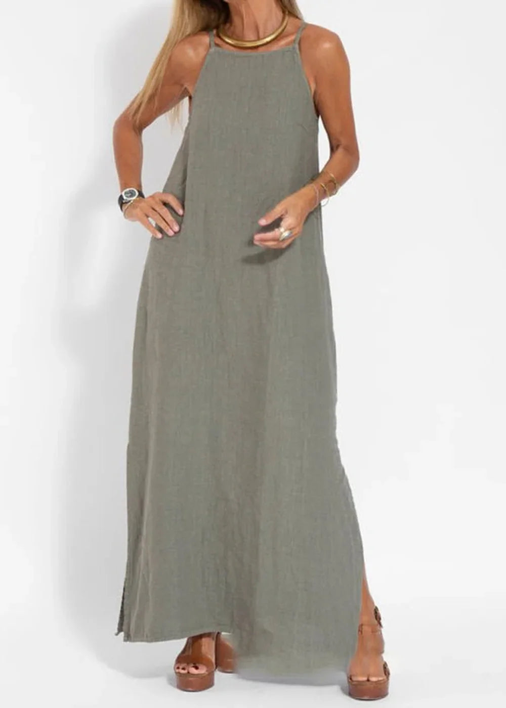 Olive green casual cotton linen slit suspender dress